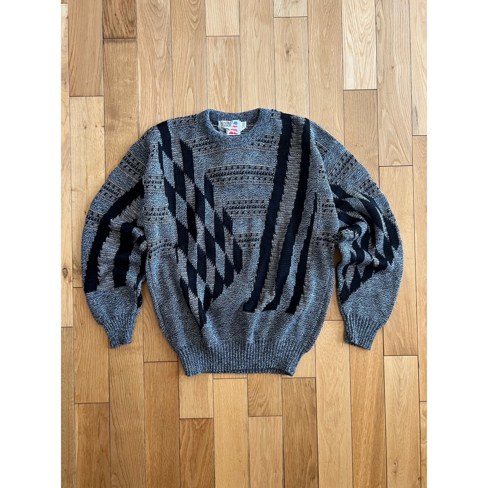 NEW Vintage 80s Eagles Ridge Geometric Grandpa Black Gray Acrylic Sweater Size L